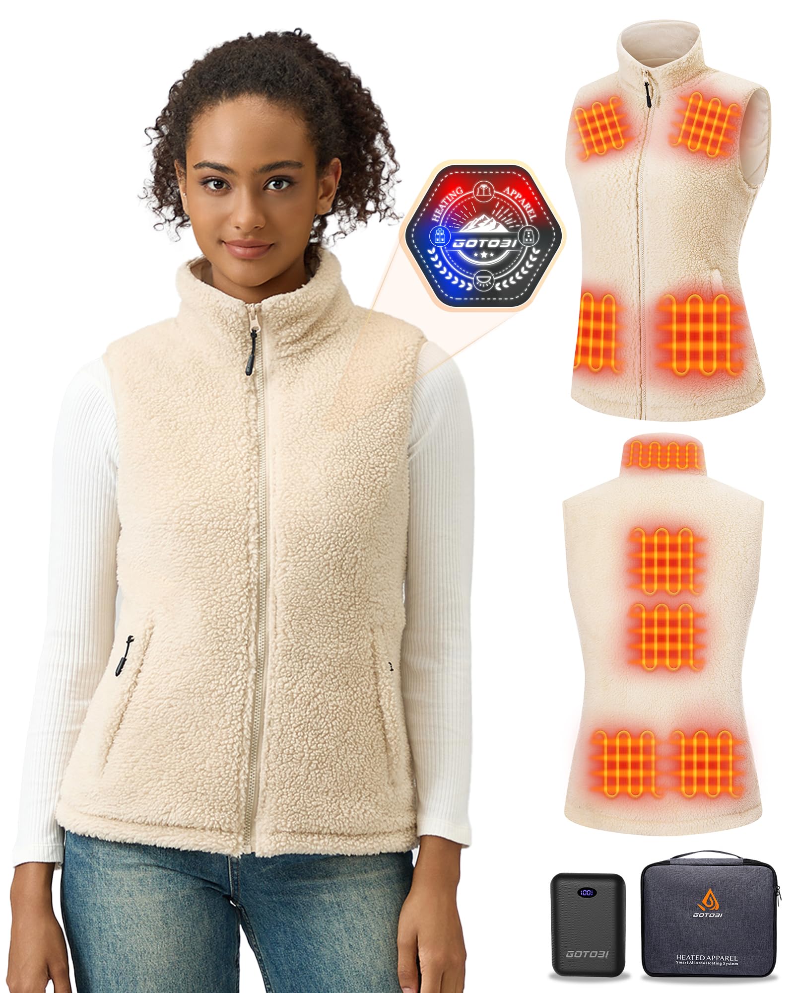 GOTOBI fuzzy fleece heated vest women front view shows nine heating zones for targeted warmth