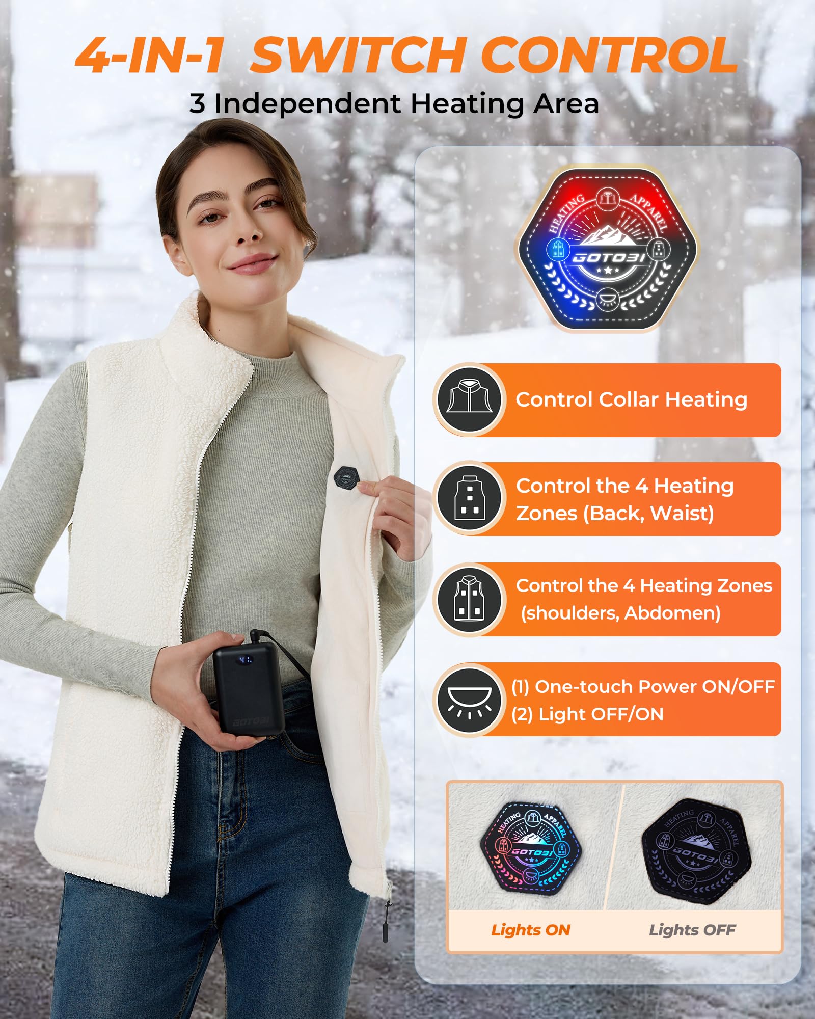 GOTOBI heated vest collar heating close-up showing neck warmth control and quick adjustability