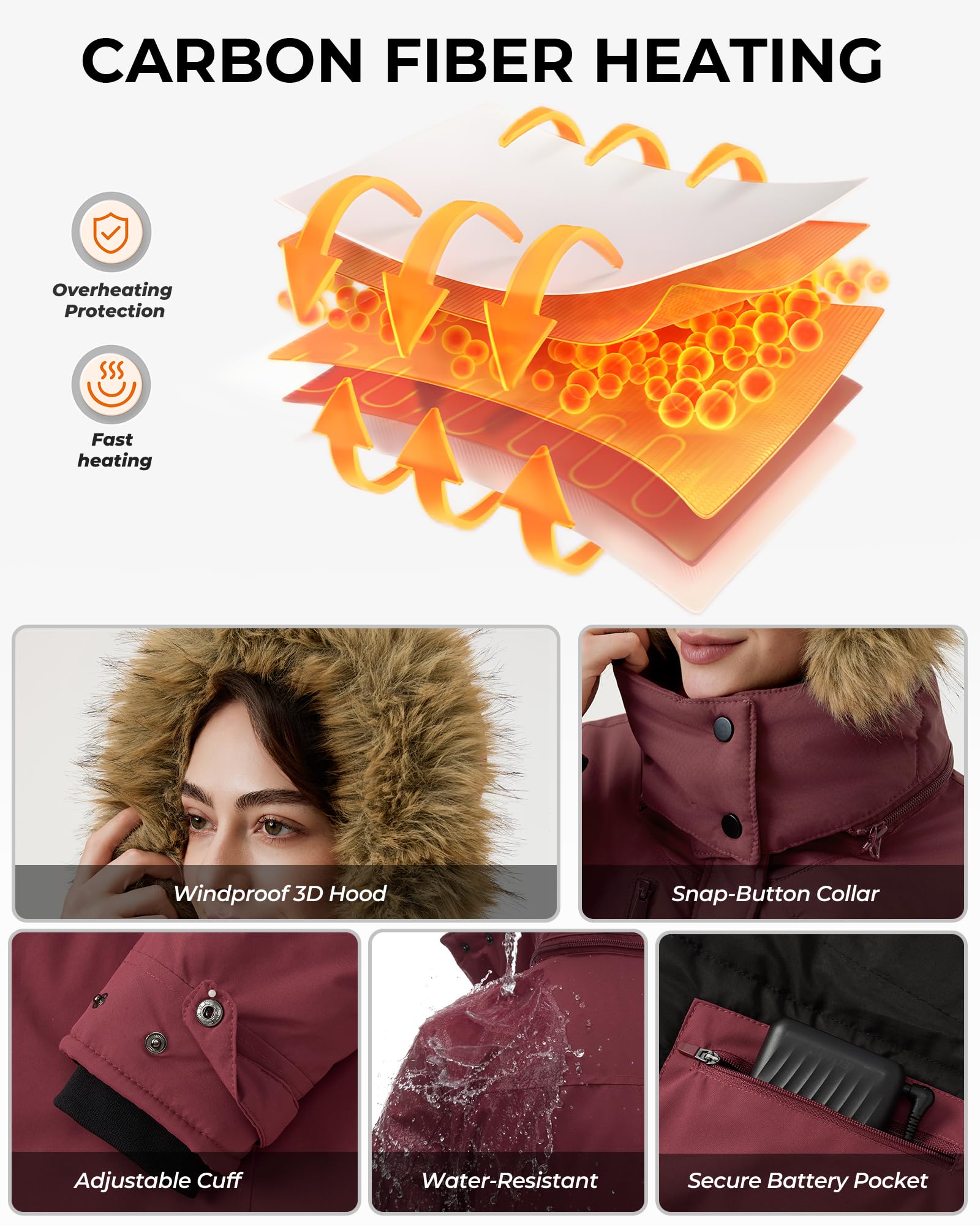GOTOBI women's heated jacket seven pockets including battery pocket keep essentials organized