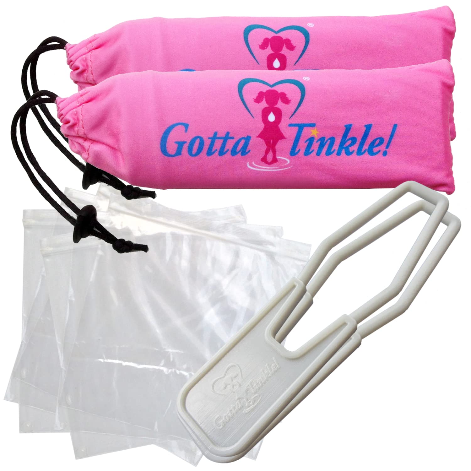 Gotta Tinkle! pink pee-standing device in use for discreet relief on the go