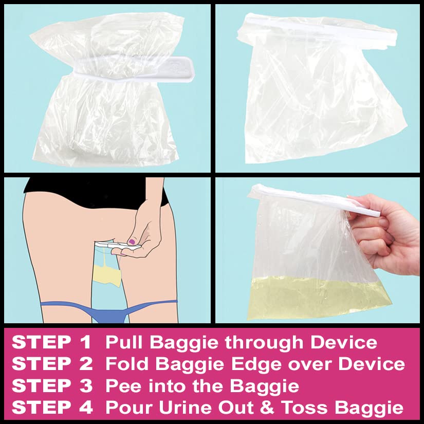 Gotta Tinkle reusable female urination device in teal, stays clean between baggie uses.