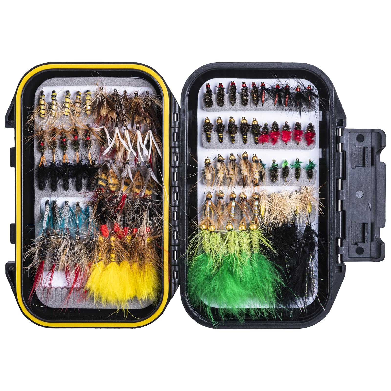 Goture 100-piece fly fishing flies kit featuring trout, bass and salmon