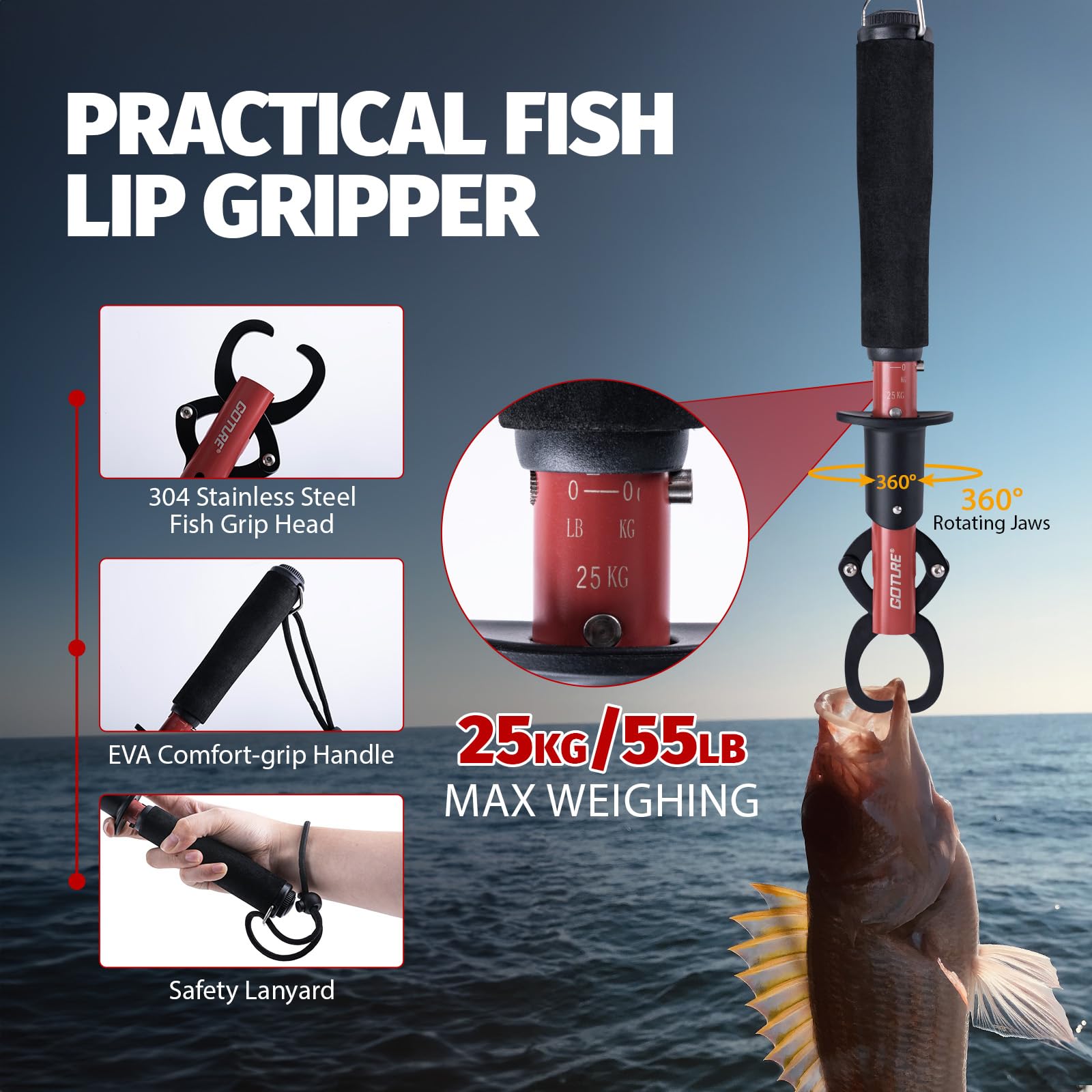 Goture 12inch fish grabber stainless steel with secure grip for confident landings.