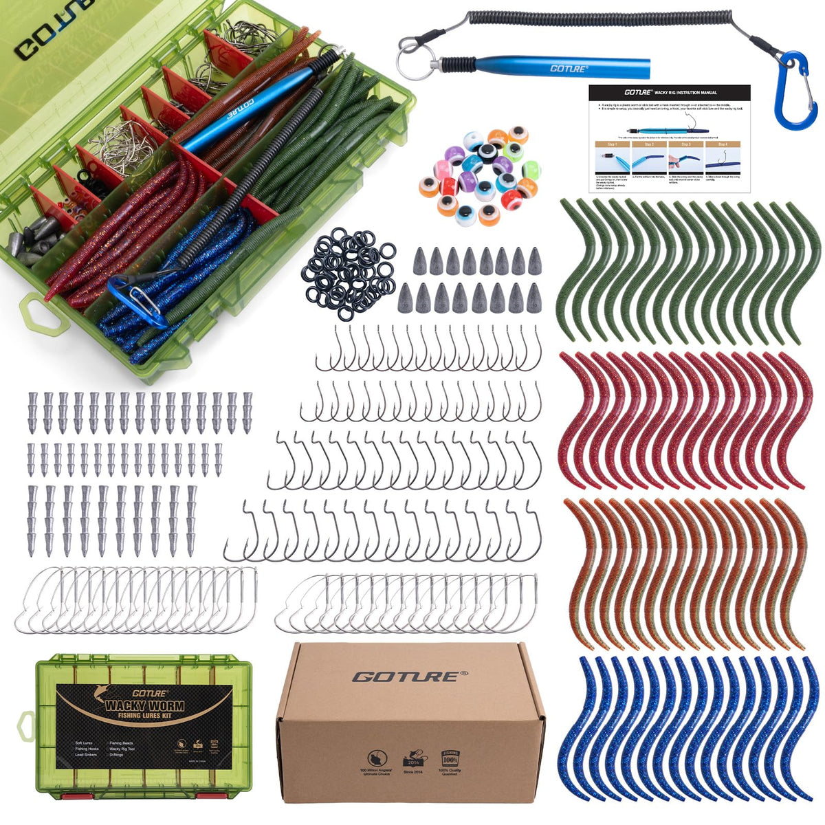 Goture 278PCS wacky worm kit contents for versatile bass rigs and quick rig changes