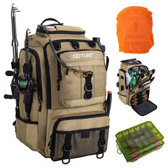 Goture 40L fishing tackle backpack front view with roomy storage for gear.