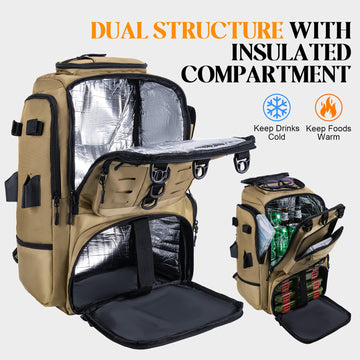 Goture backpack interior with removable partition enabling dual tackle zones for boxes and insulated items.