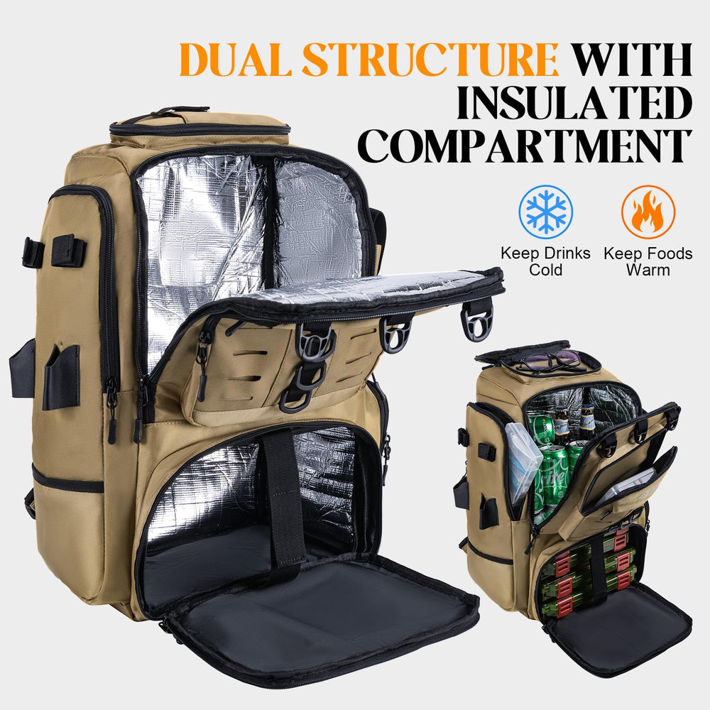 Goture backpack interior with removable partition enabling dual tackle zones for boxes and insulated items.