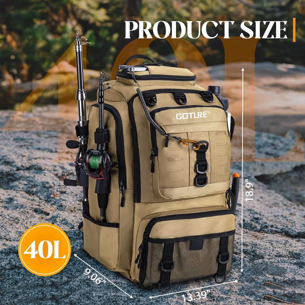 Goture 40L backpack side view showing rod holders for easy water access.