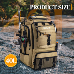 Goture 40L backpack side view showing rod holders for easy water access.