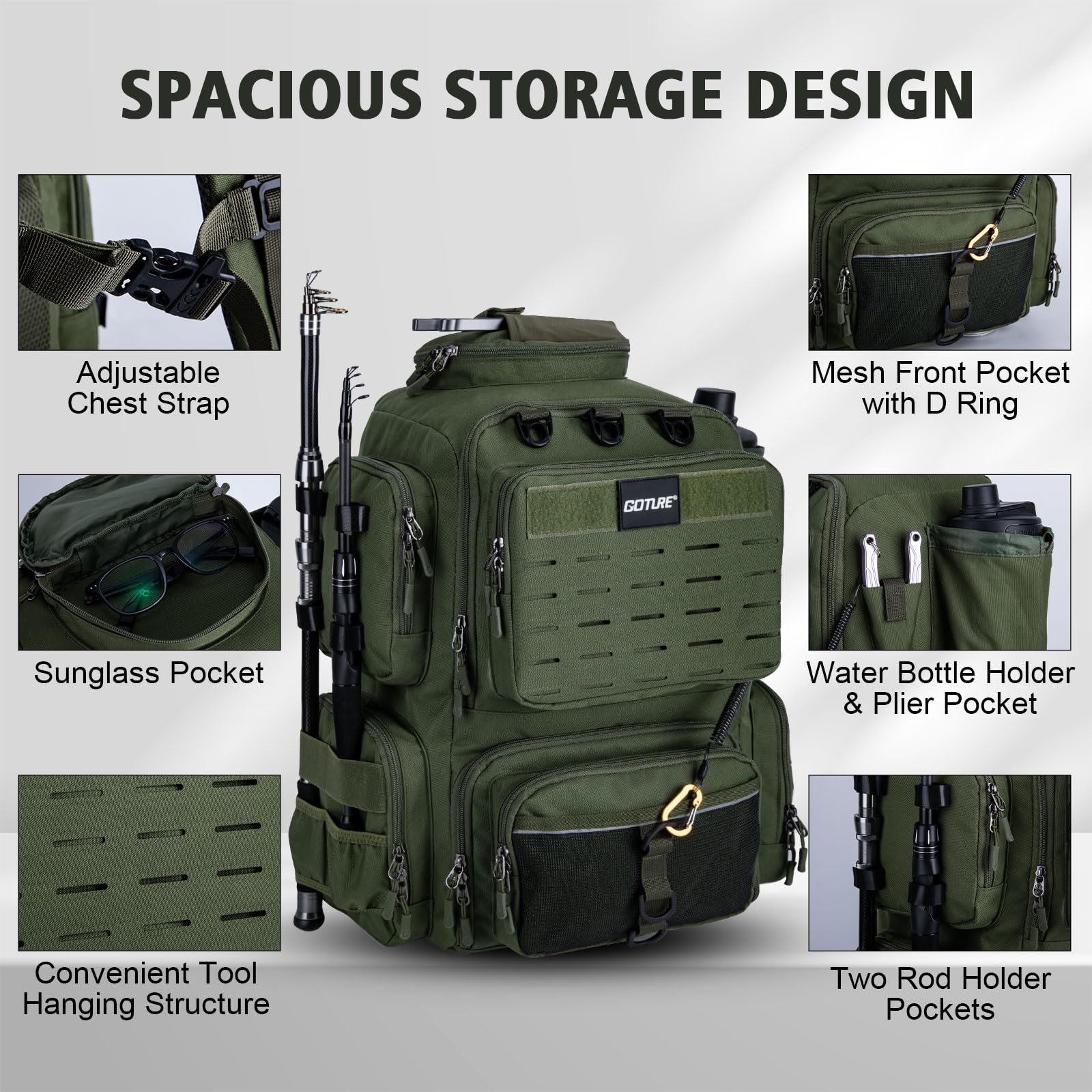 Goture 45L tackle bag-organization interior demonstrates spacious compartments for gear.