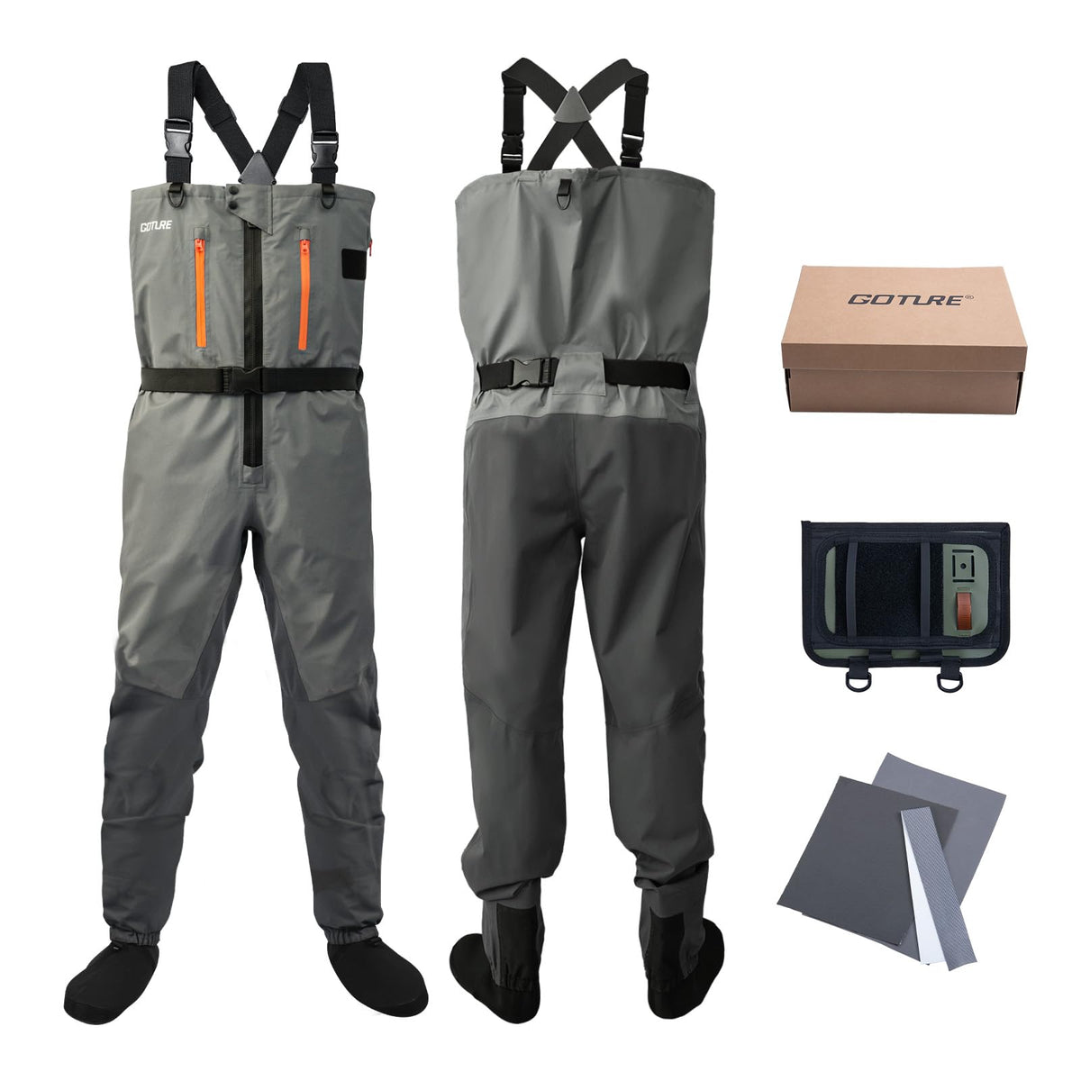 Goture 5-layer waterproof front-zip waders keep you dry in rugged rivers.