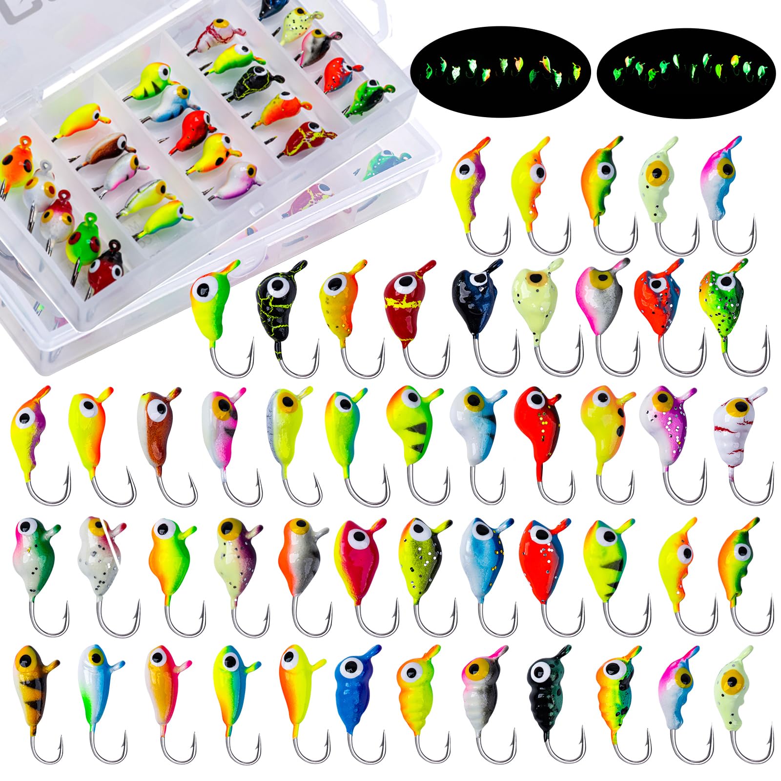 Goture 50-piece ice fishing jigs kit display