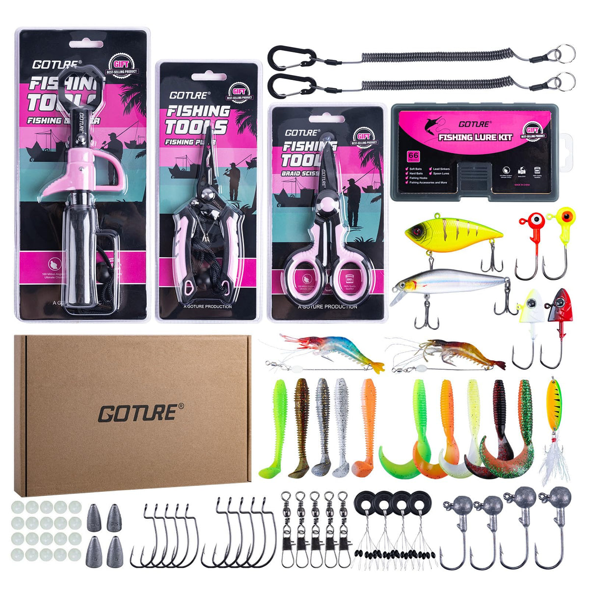 Goture 6PCS pink fishing tool kit with fish gripper for safer landings.