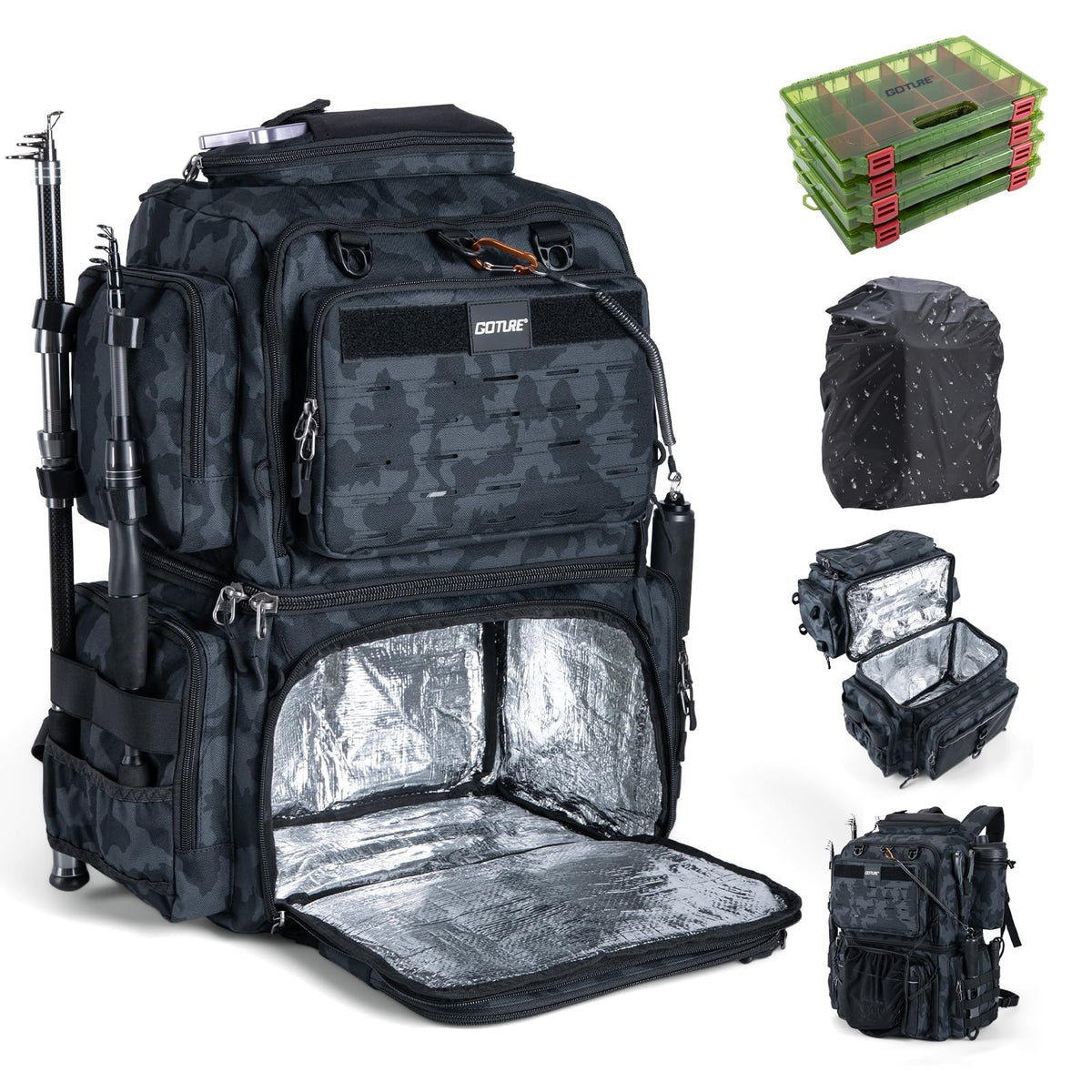 Goture 78L fishing backpack front view for easy gear access