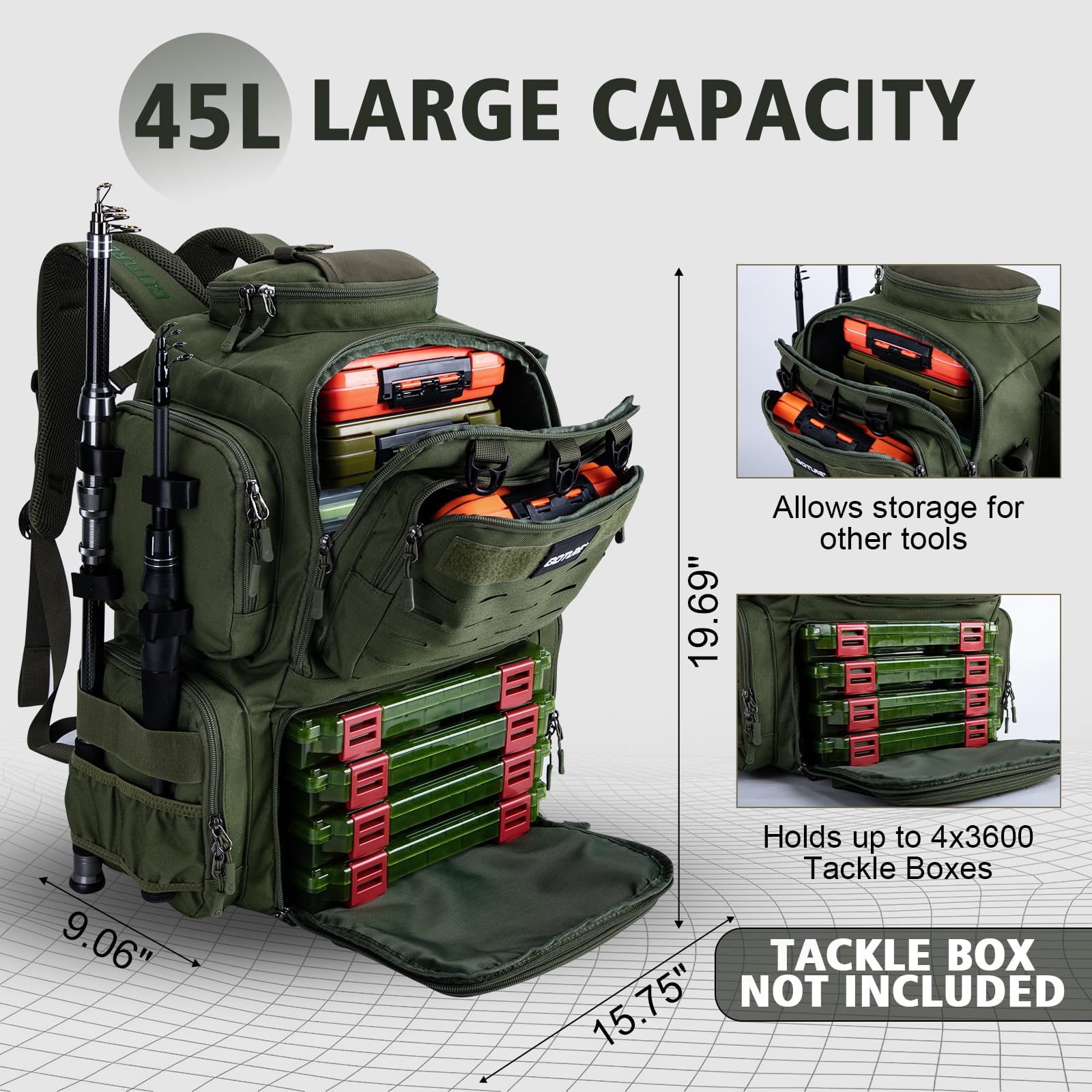 Goture backpack rod holders side view showing secure fishing rod storage.