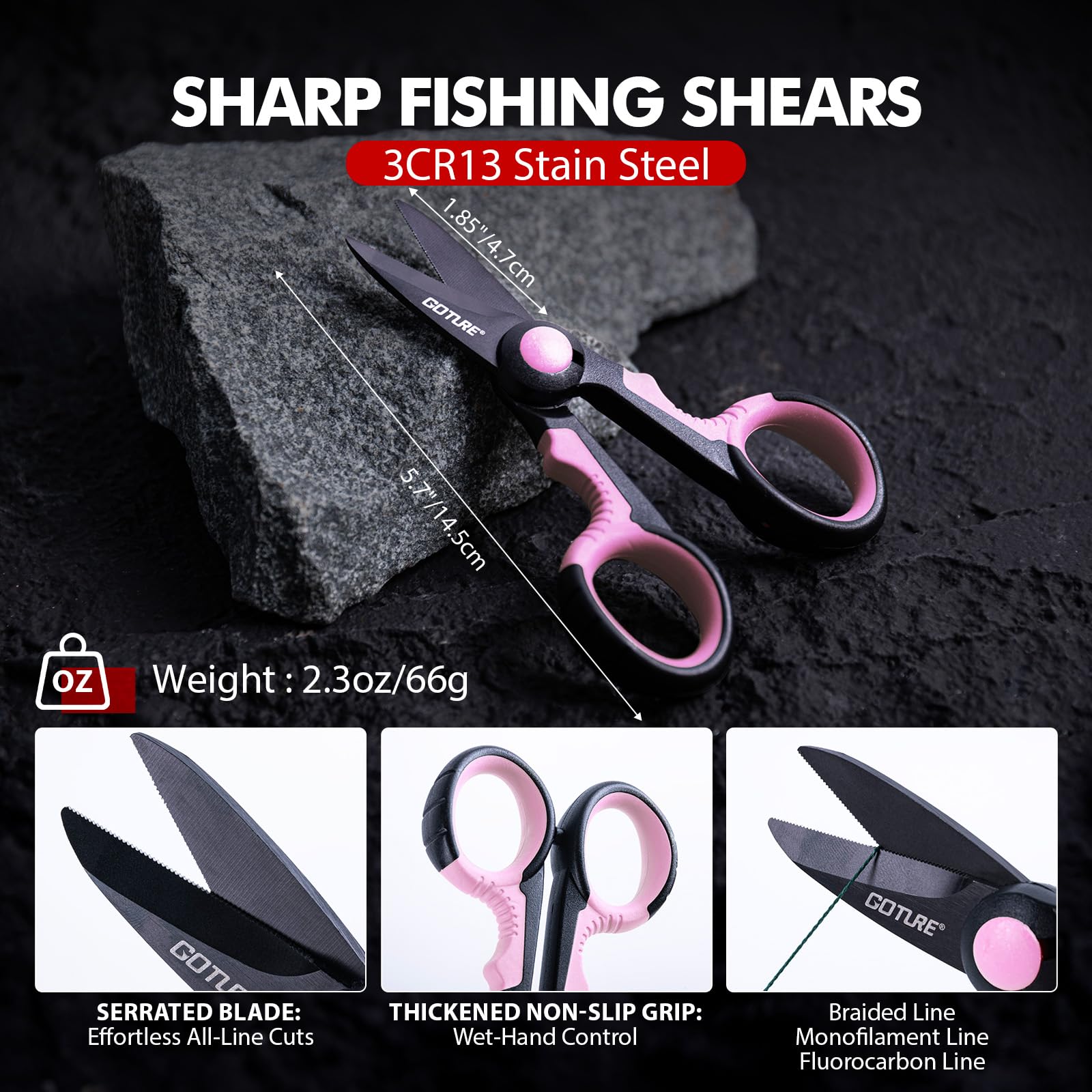 Goture braided scissors delivering clean cuts on monofilament, fluorocarbon, and braid.