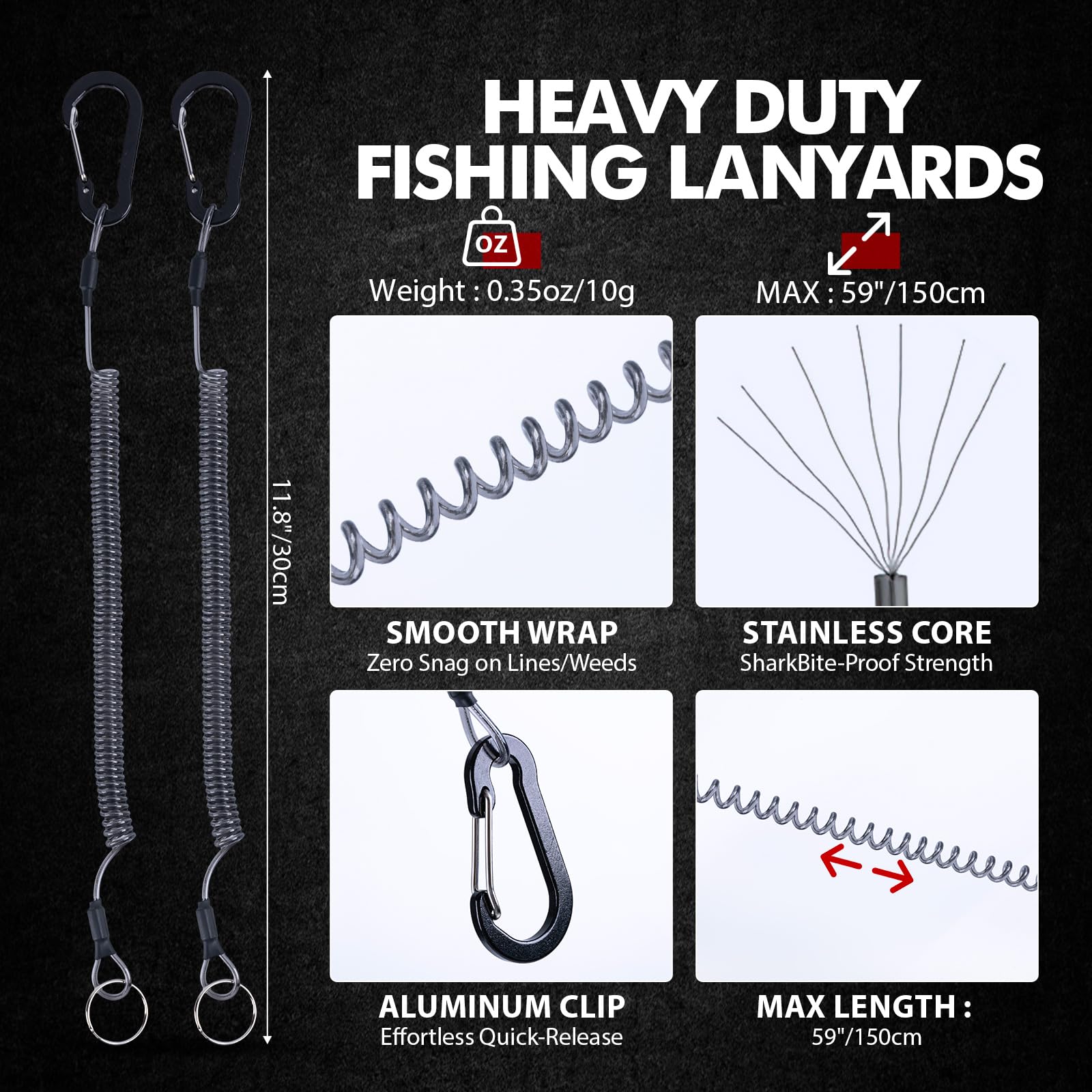 Goture coiled lanyards provide secure attachment and quick tool access.