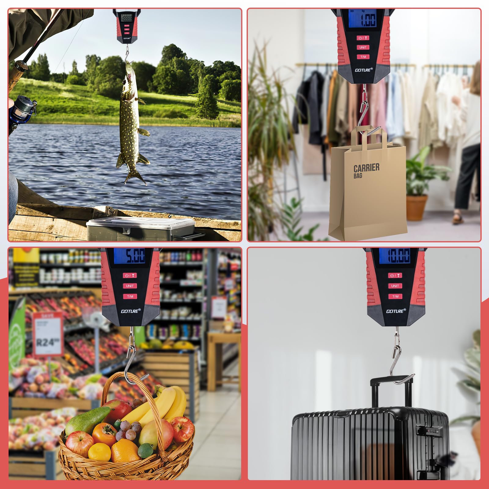 Digital hanging scale in use weighing items outdoors