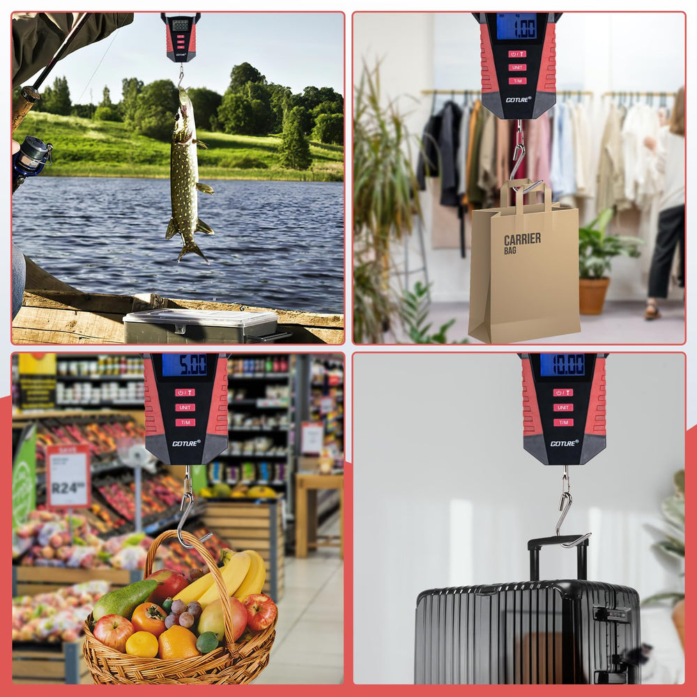 Digital hanging scale in use weighing items outdoors
