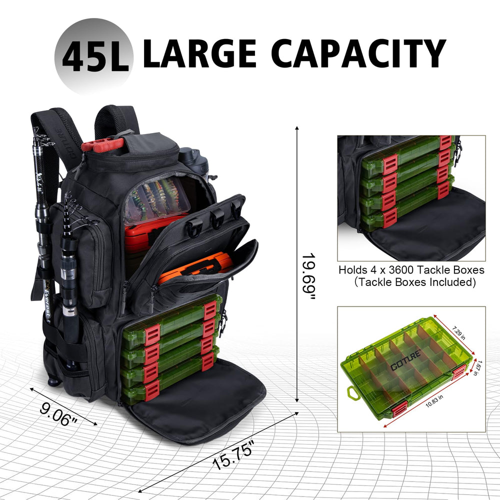 Goture fishing backpack open compartments demonstrate adjustable layout for gear separation