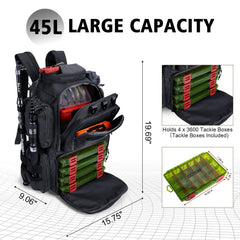 Goture fishing backpack open compartments demonstrate adjustable layout for gear separation