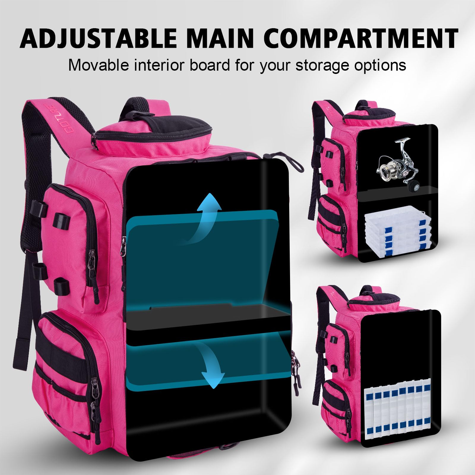 Goture fishing backpack bottom-non-slip feet stabilize bag on slick surfaces.