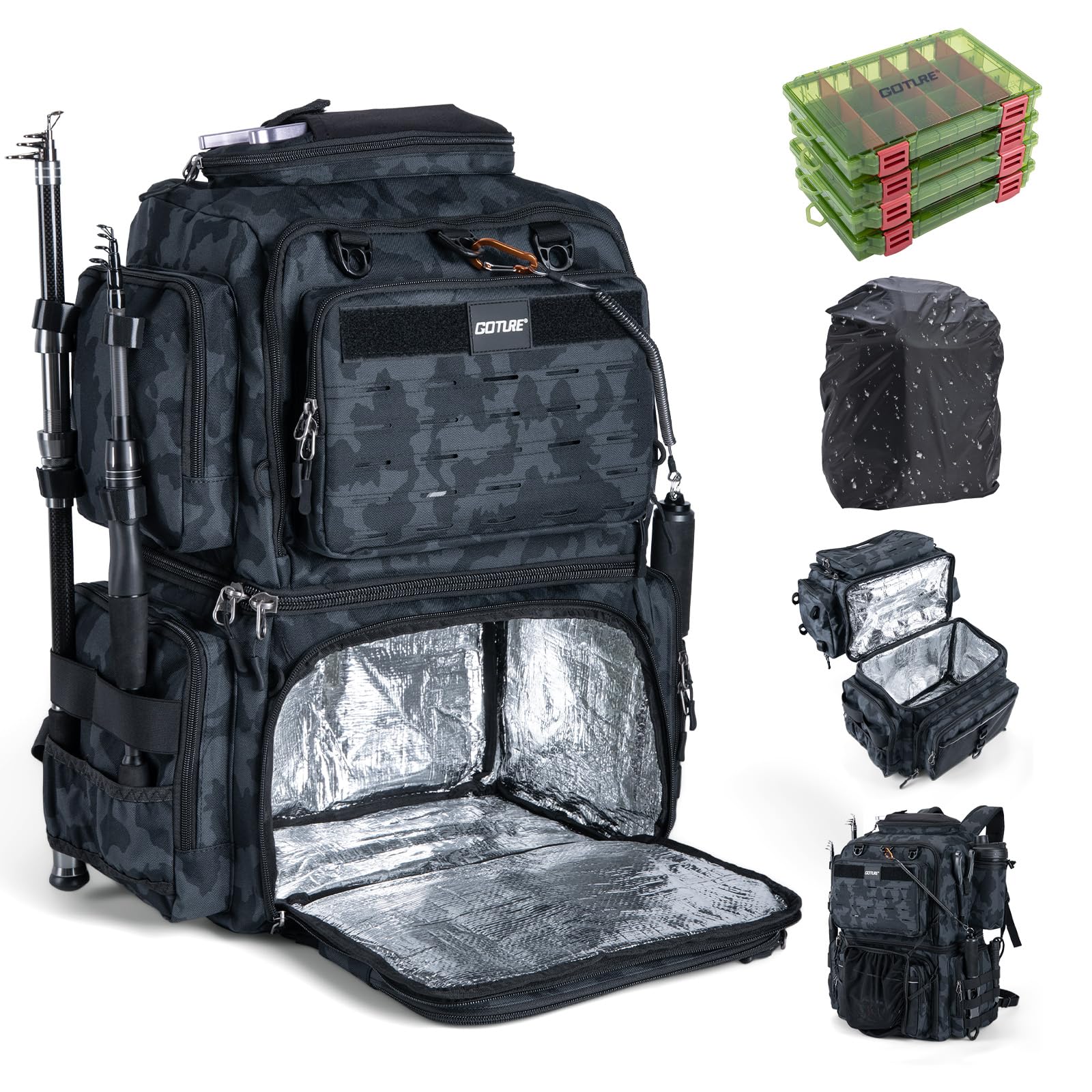 Goture fishing backpack front view with rugged 600D fabric for all-day trips.