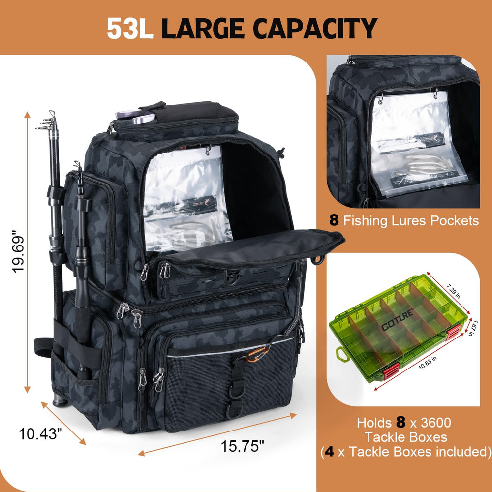 Goture fishing backpack pockets close-up showing 8 lure pockets and accessories.