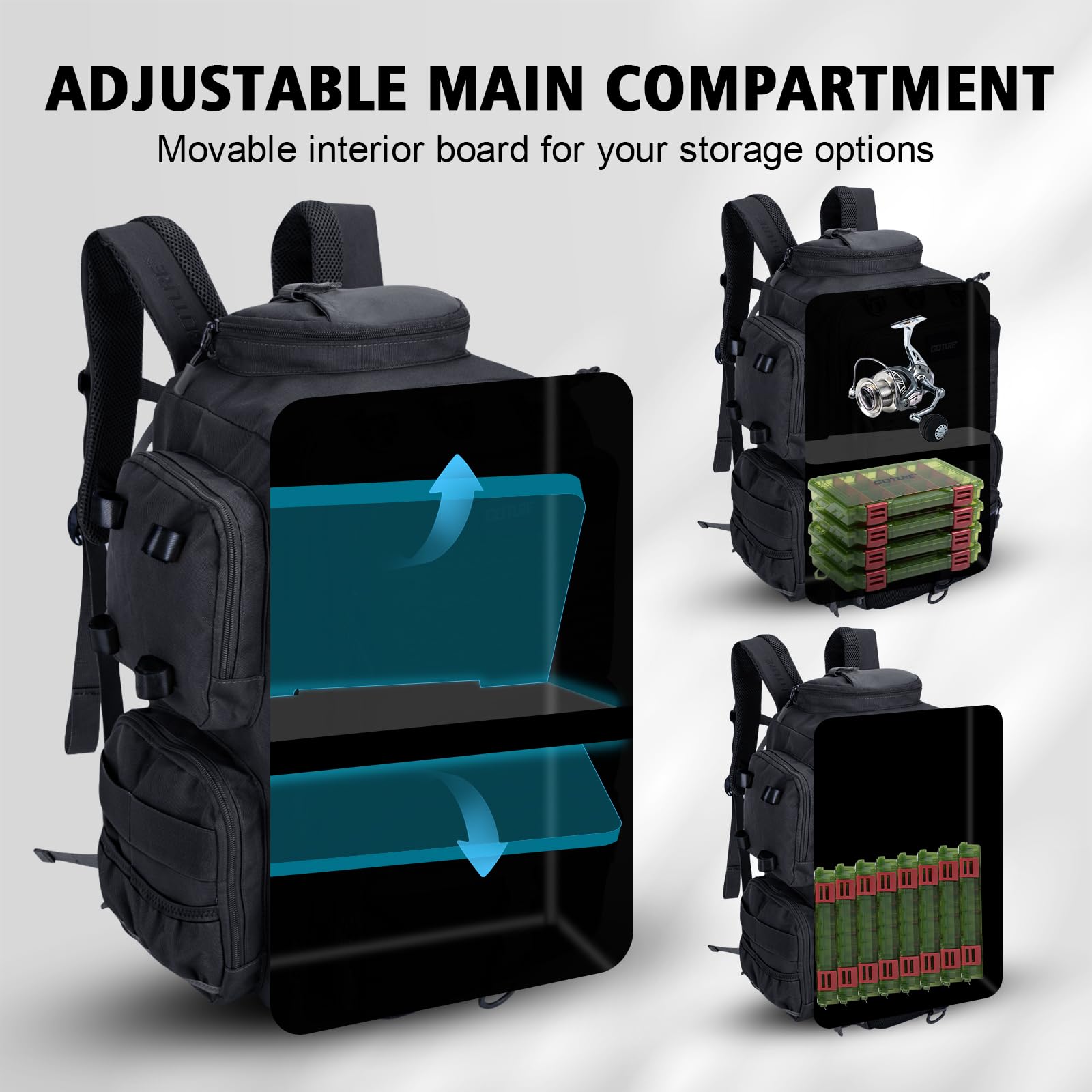 Goture fishing backpack rain-cover image shows extra weather protection