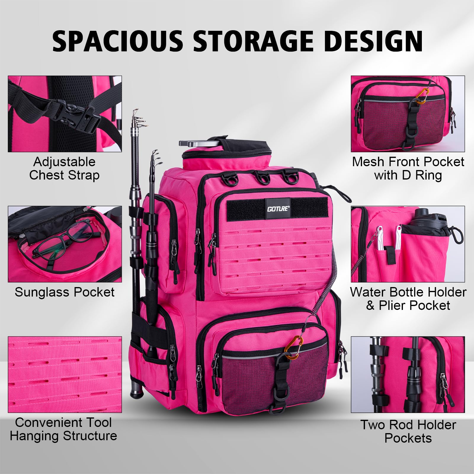 Goture fishing backpack rain-cover keeps contents dry during sudden showers.