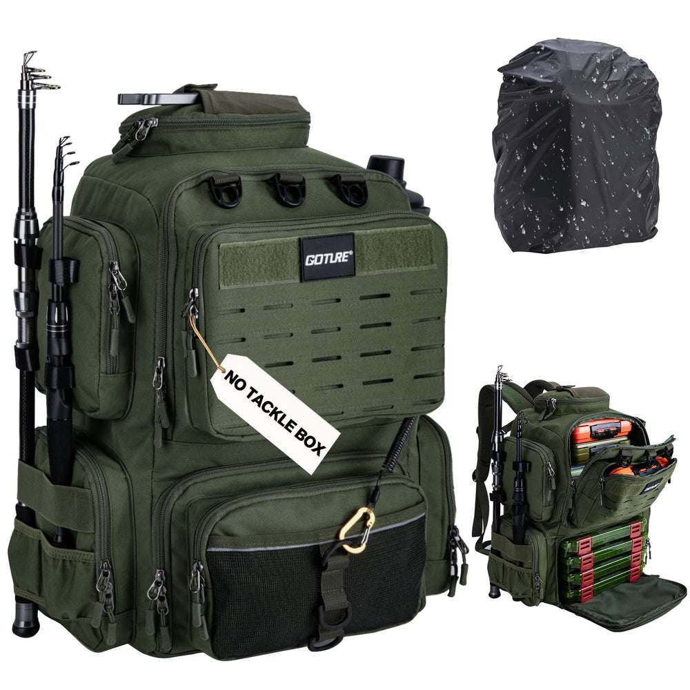 Goture fishing backpack water-resistant 900D fabric protects gear from rain.