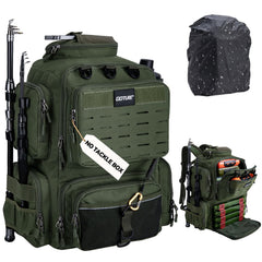 Goture fishing backpack water-resistant 900D fabric protects gear from rain.
