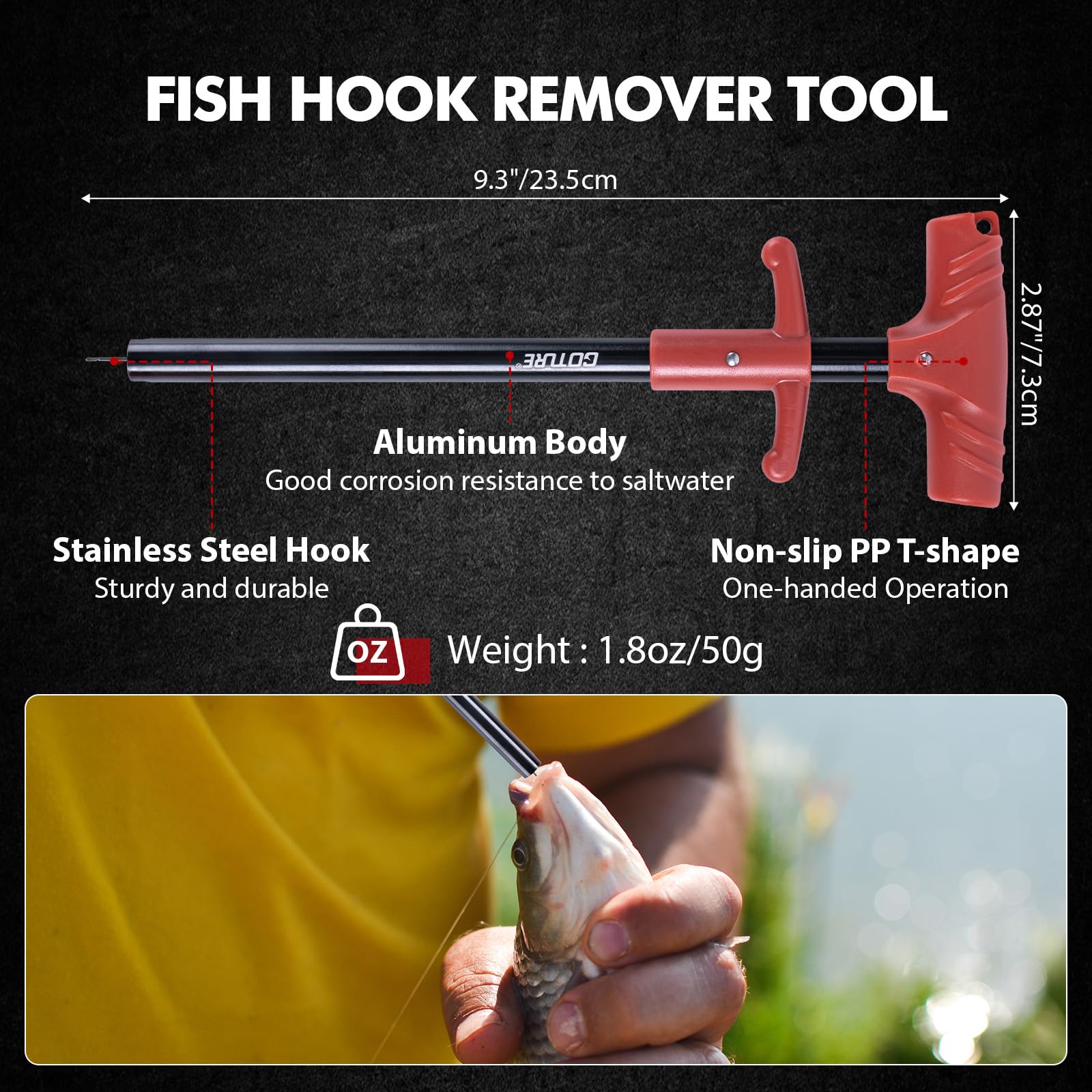 Goture fishing hook remover for safe quick releases and minimal handling.