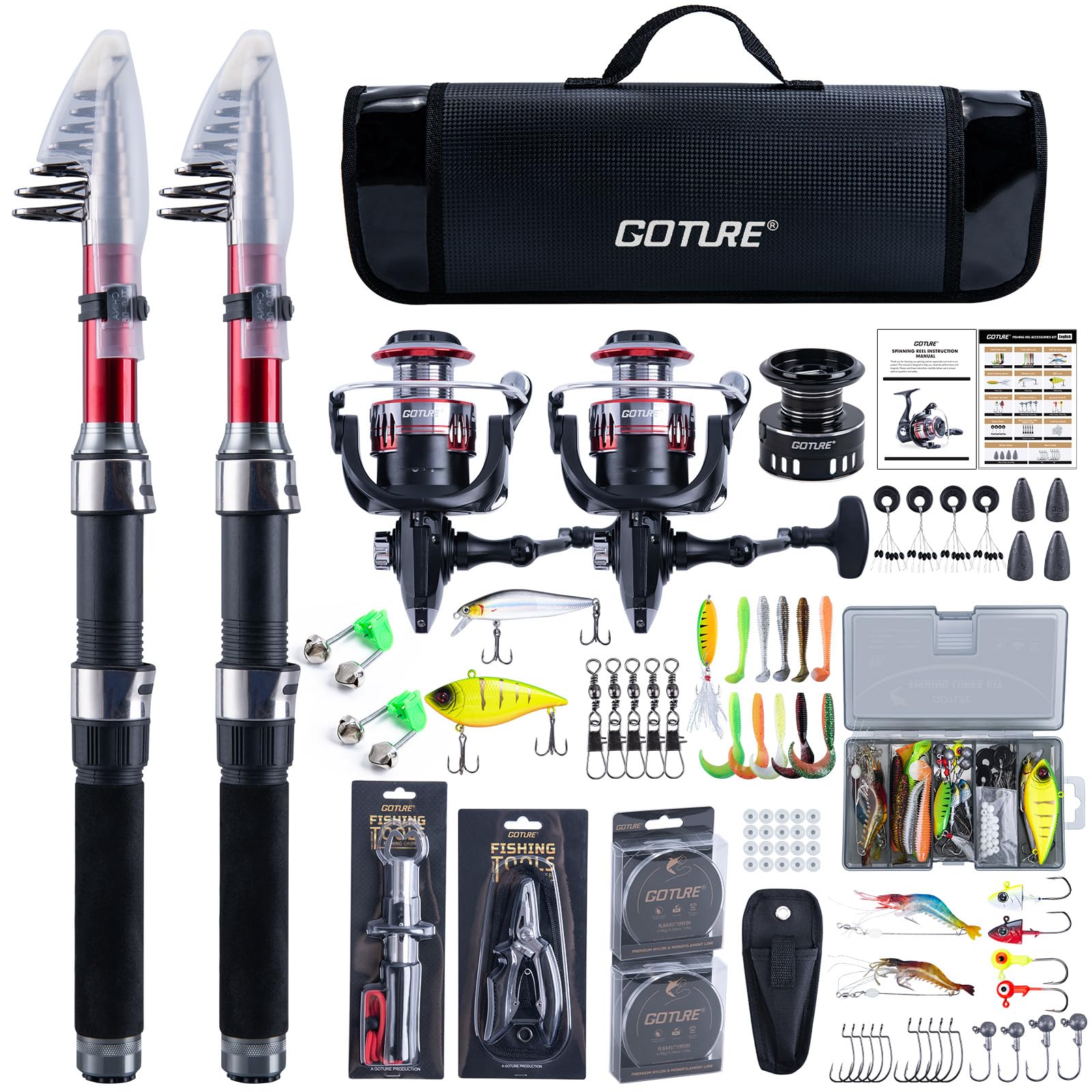 Goture fishing rod and reel combo with telescopic rod extended for travel-ready setup
