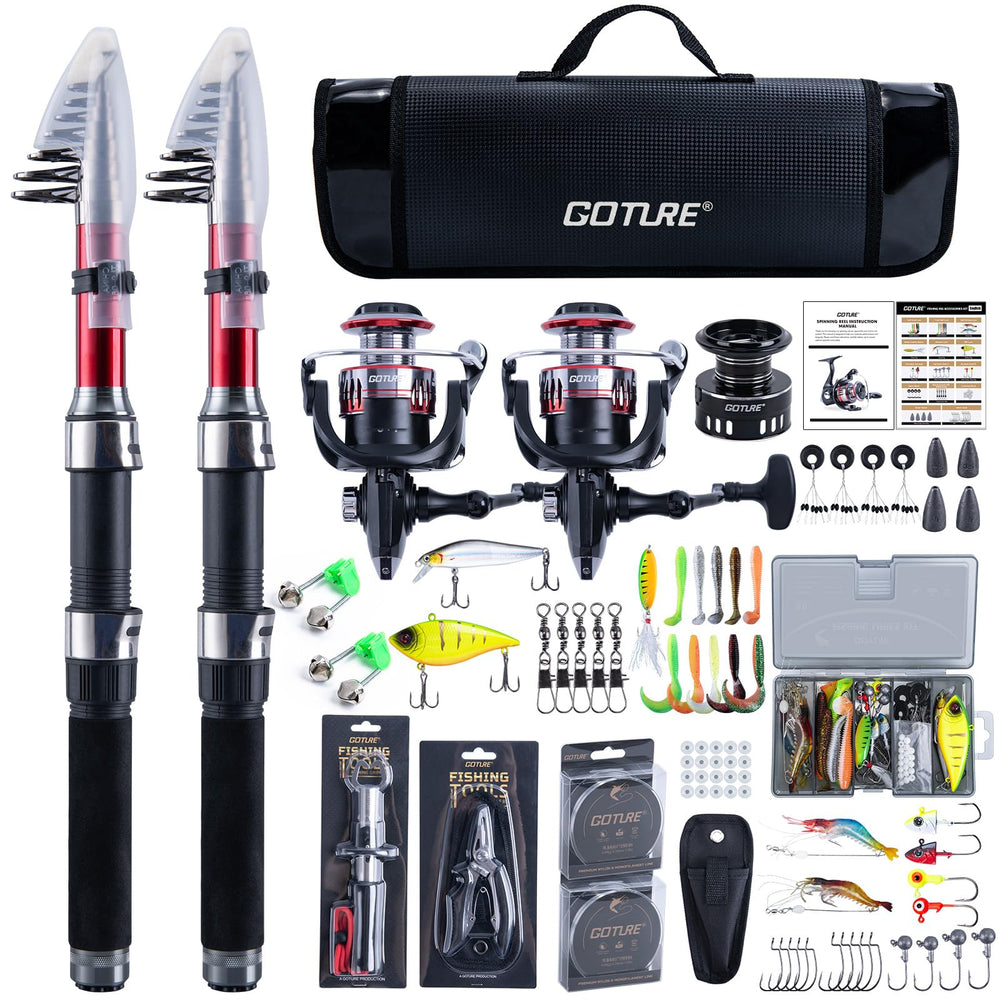Goture fishing rod and reel combo with telescopic rod extended for travel-ready setup