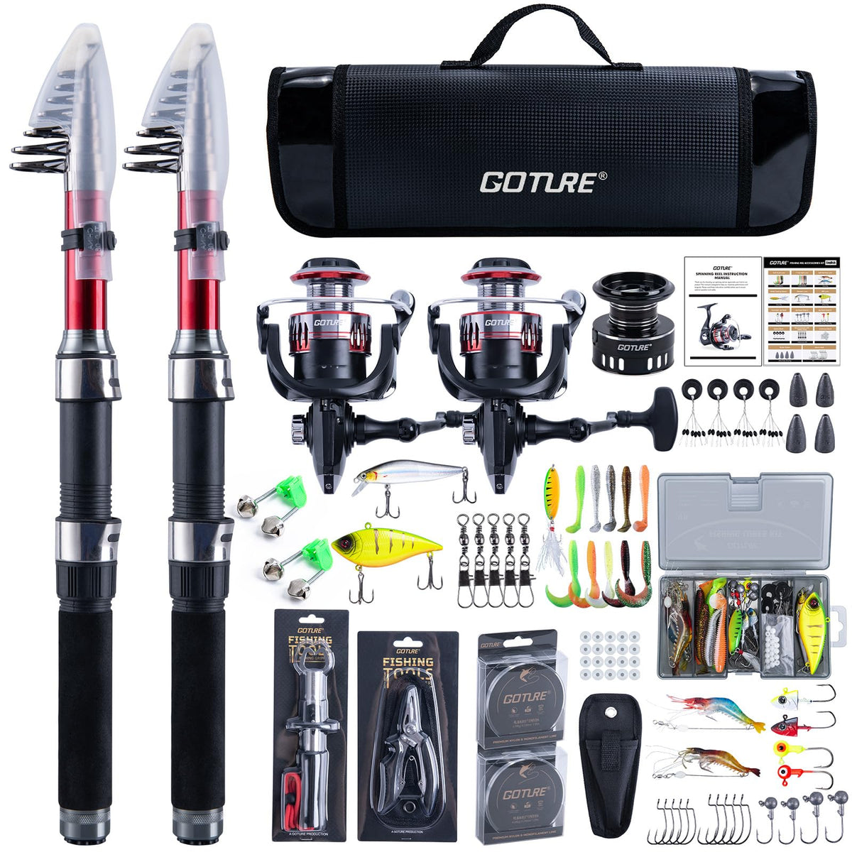 Goture fishing rod and reel combo with telescopic rod extended for travel-ready setup