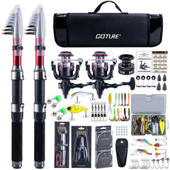 Goture fishing rod and reel combo with telescopic rod extended for travel-ready setup
