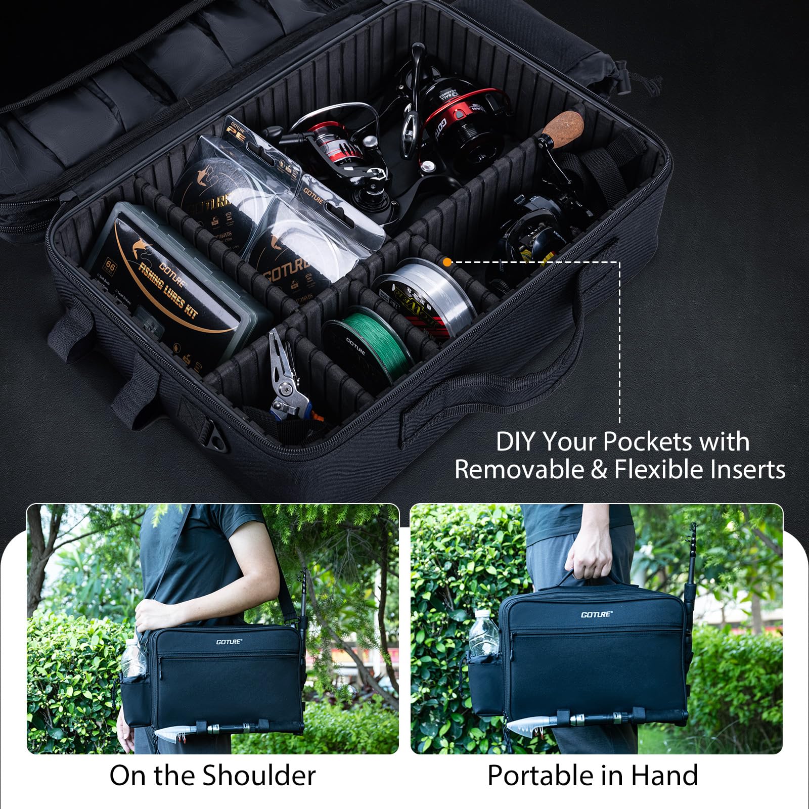 Goture bag external straps help secure multiple rods during travel.