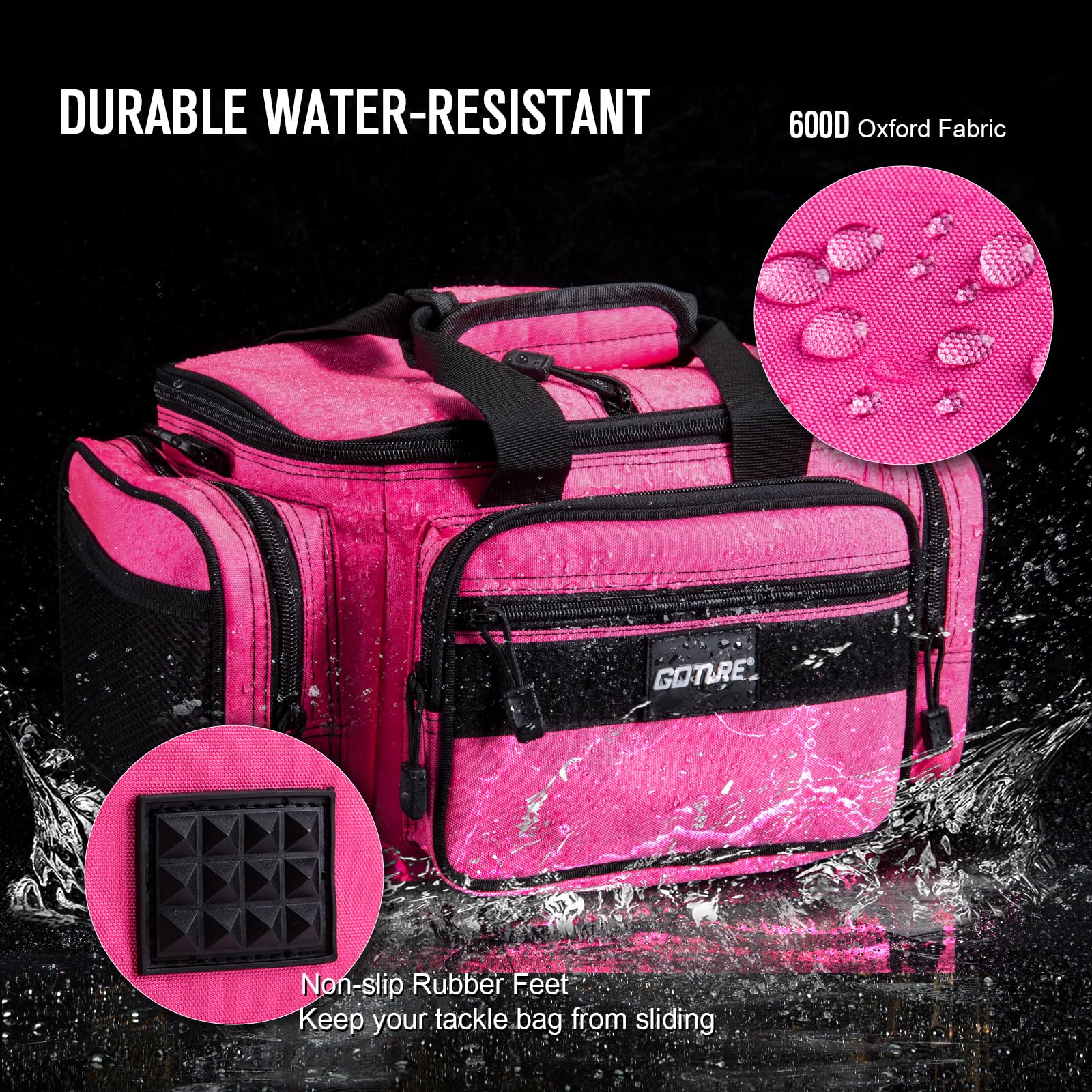 Goture fishing tackle bag exterior pockets keep gear within easy reach.