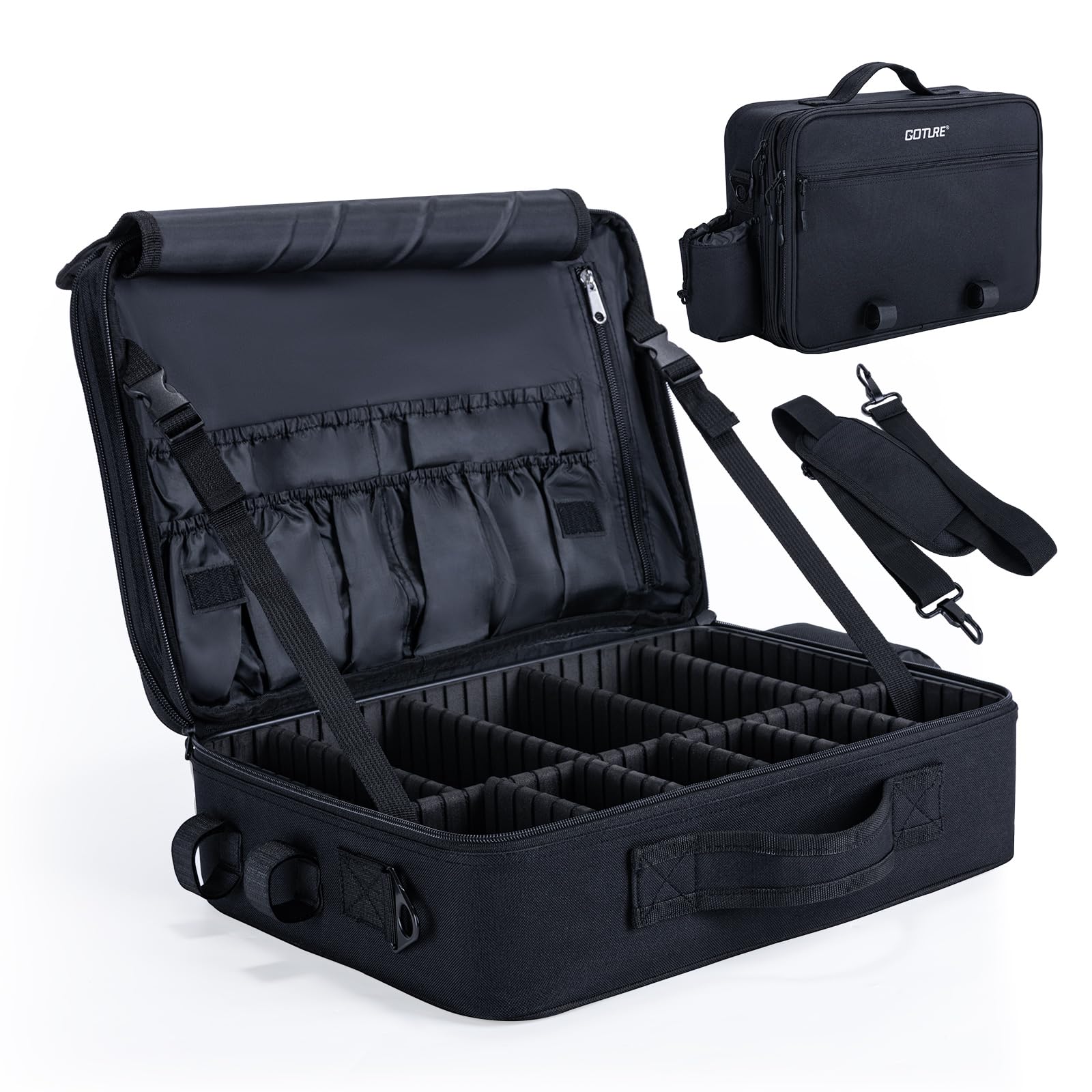 Goture fishing tackle bag main compartment organized for reels and lures.