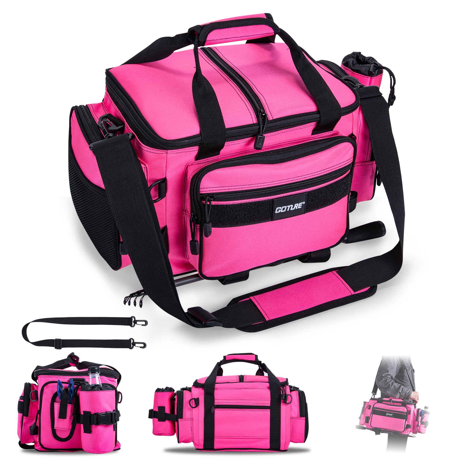 Goture fishing tackle bag main compartment holds four 3700 trays for organization
