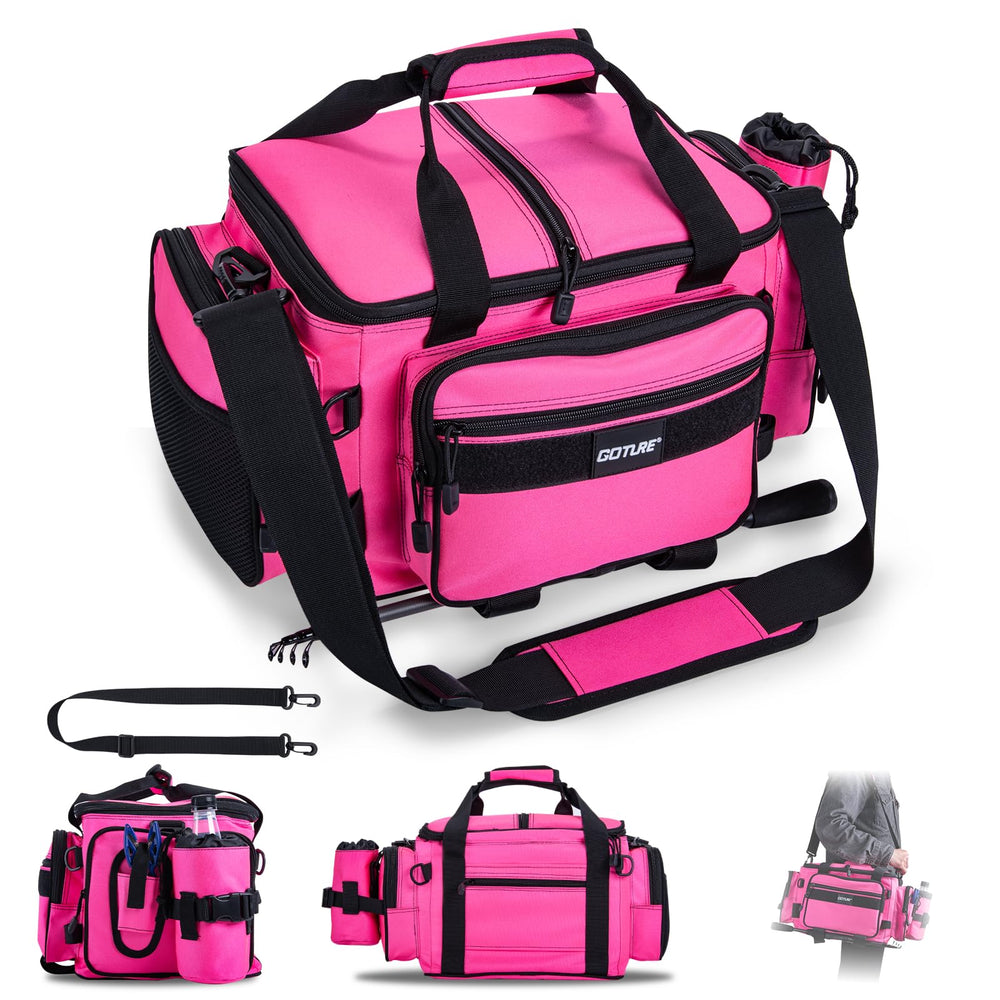 Goture fishing tackle bag main compartment holds four 3700 trays for organization