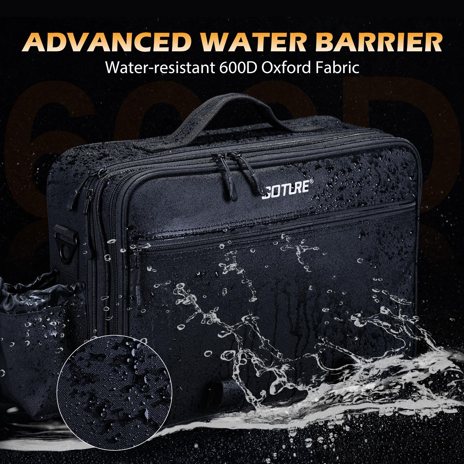 Goture bag side bottle pocket and dual carry straps simplify transport.