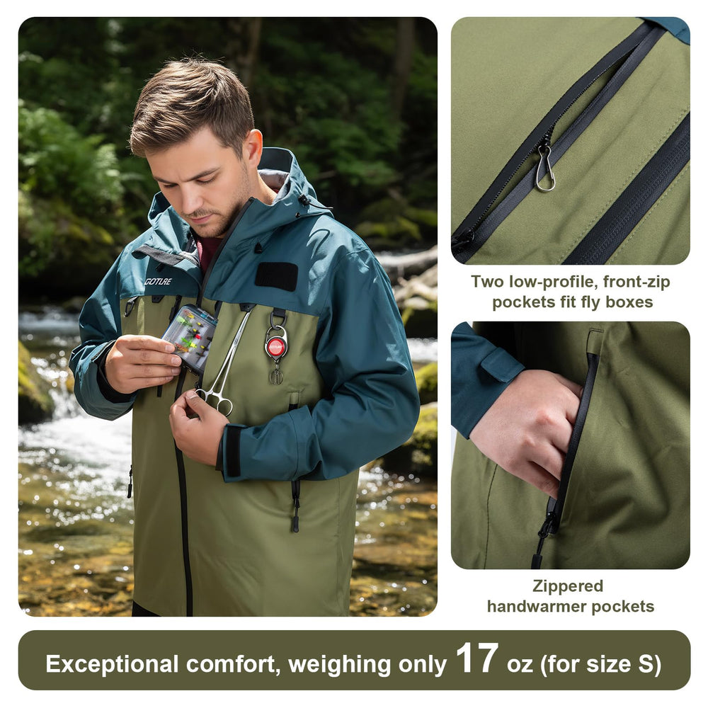 Goture fishing wading jacket hood drawcord seals out wind for a snug fit