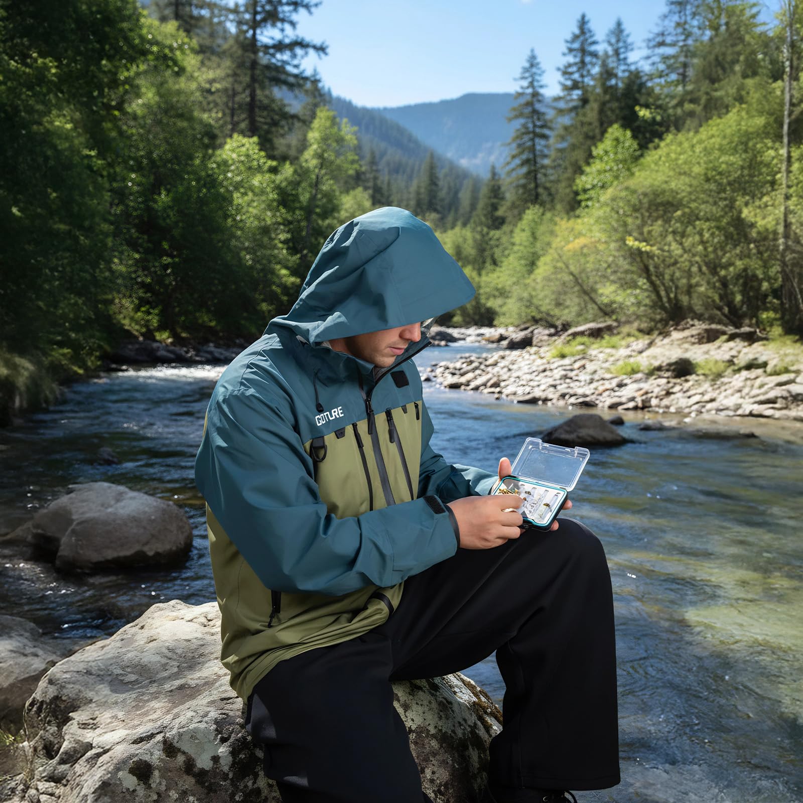 Goture fishing wading jacket sealed seams for durable weather protection