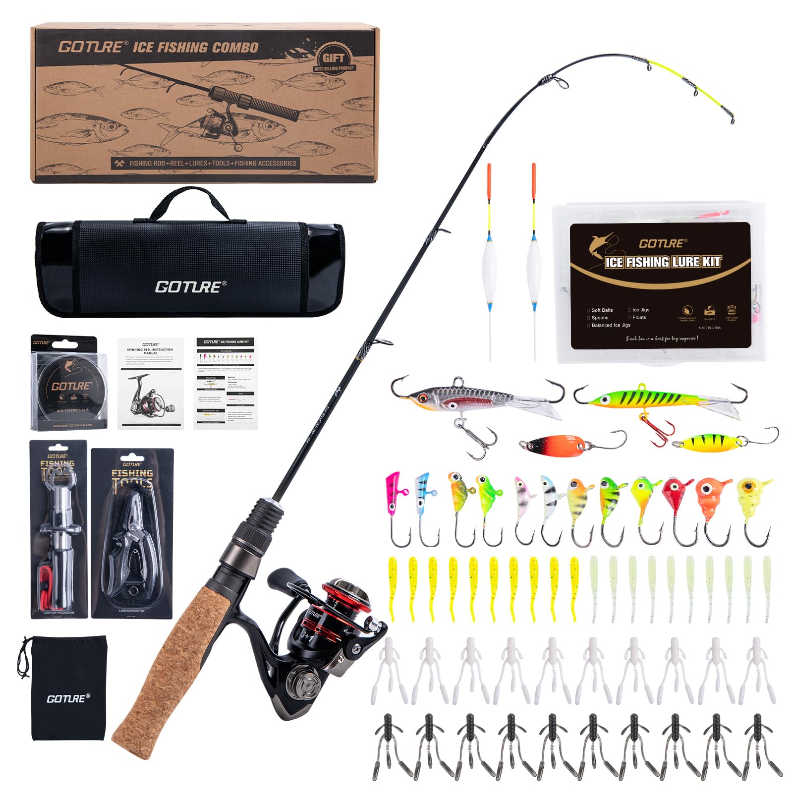 Goture ice fishing rod-reel combo with carry bag, ideal for winter transport.