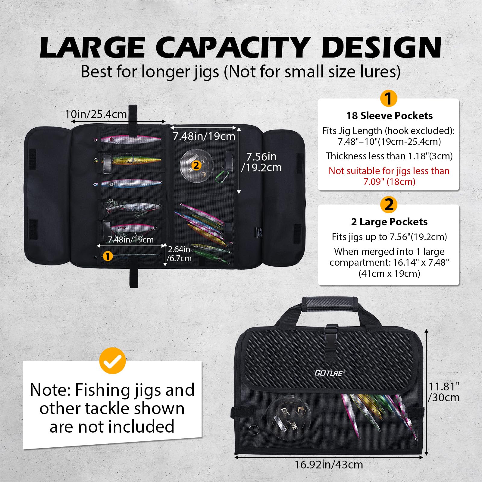 Goture Jig Bag with 20 pockets stays small lures organized on trips.