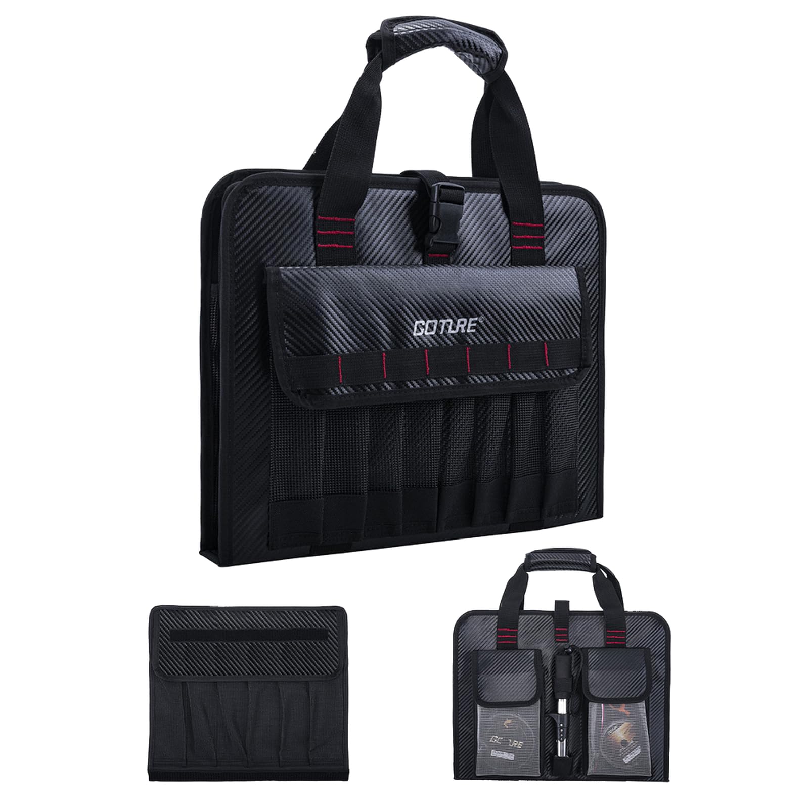 Front view of Goture jig bag showing 34 pockets