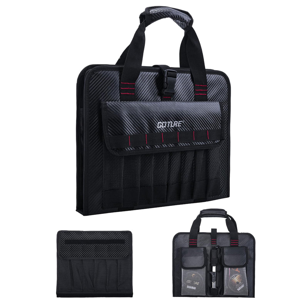 Front view of Goture jig bag showing 34 pockets