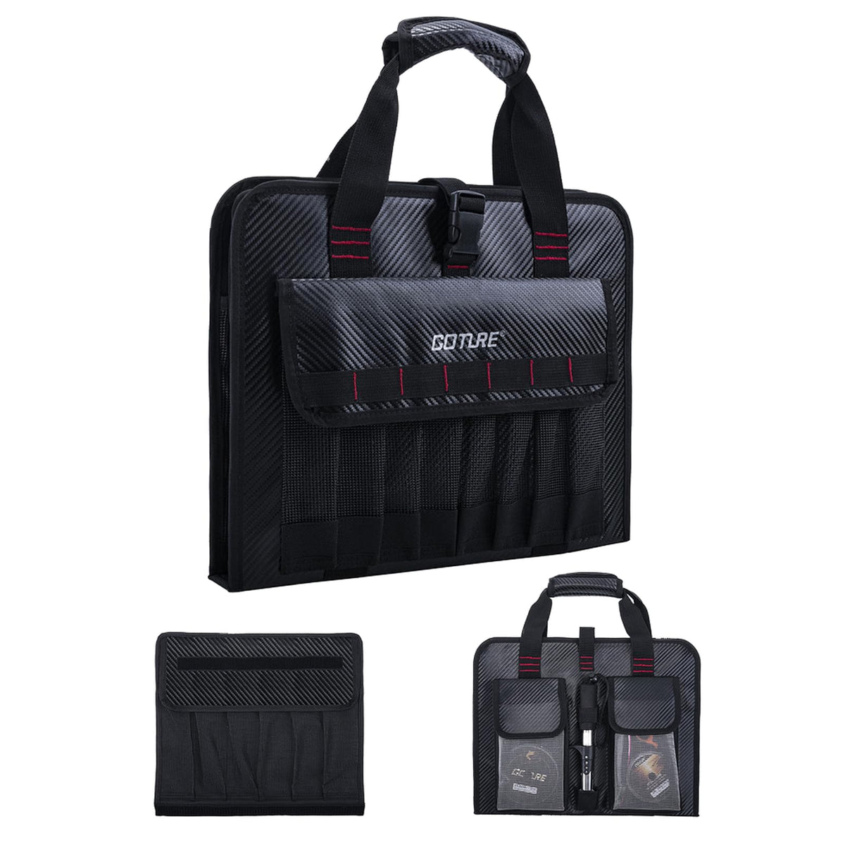 Front view of Goture jig bag showing 34 pockets